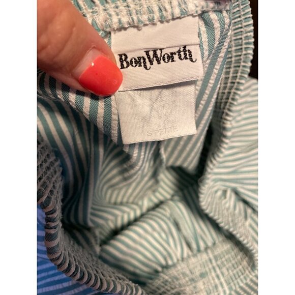 Bon Worth Blue White Seersucker Elastic Waist Pull On Shorts Pockets Sz SP - Picture 5 of 7